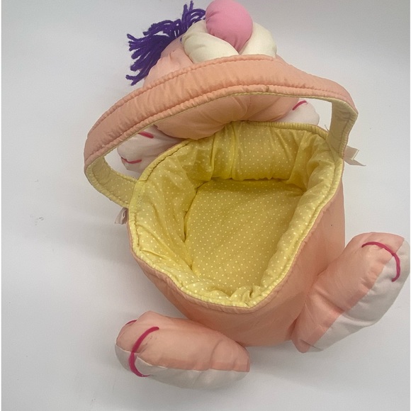 Vintage Pink Yellow Nylon Parachute Plush Bunny Easter Basket Puffalump Style - Picture 2 of 14
